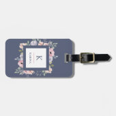 Roze Waterverf Floral en Monogram op donkerblauw Bagagelabel (Voorkant horizontaal)