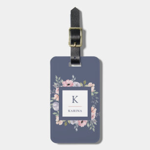 Roze Waterverf Floral en Monogram op donkerblauw Bagagelabel
