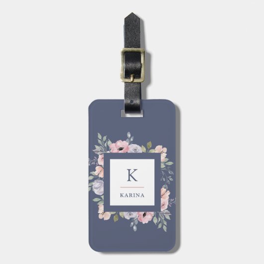Roze Waterverf Floral en Monogram op donkerblauw Bagagelabel (Voorkant verticaal)