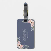 Roze Waterverf Floral en Monogram op donkerblauw Bagagelabel (Achterkant verticaal)