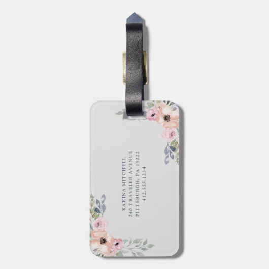 roze Waterverf Floral en Monogram op grijs Bagagelabel (Achterkant verticaal)