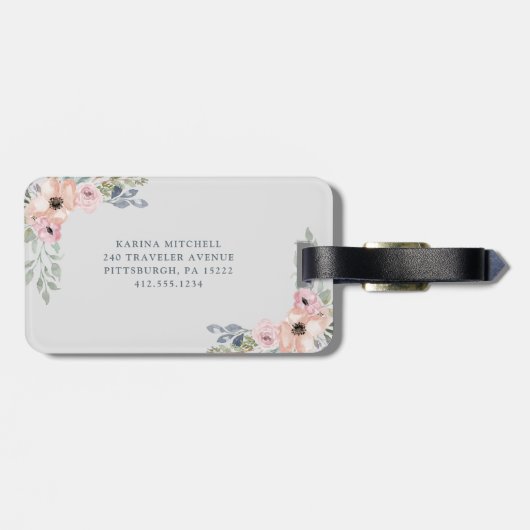  roze Waterverf Floral en Monogram op grijs Bagagelabel (Achterkant horizontaal)
