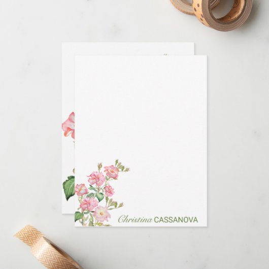  roze Waterverf Floral Garden Notitiekaartje (Voorkant / Achterkant in situ)