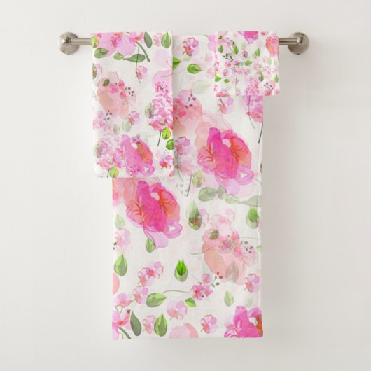 Roze Waterverf Floral Garden Pattern Bad Handdoek (Insitu)