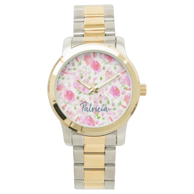 Roze Waterverf Floral Garden Pattern Horloge (Voorkant)