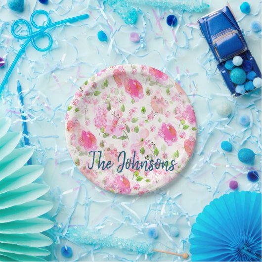 Roze Waterverf Floral Garden Pattern Papieren Bordje (Feest)