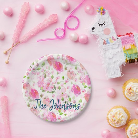 Roze Waterverf Floral Garden Pattern Papieren Bordje (Feest)
