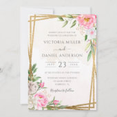 Roze Waterverf Floral Geometric Gold Wedding Kaart (Voorkant)