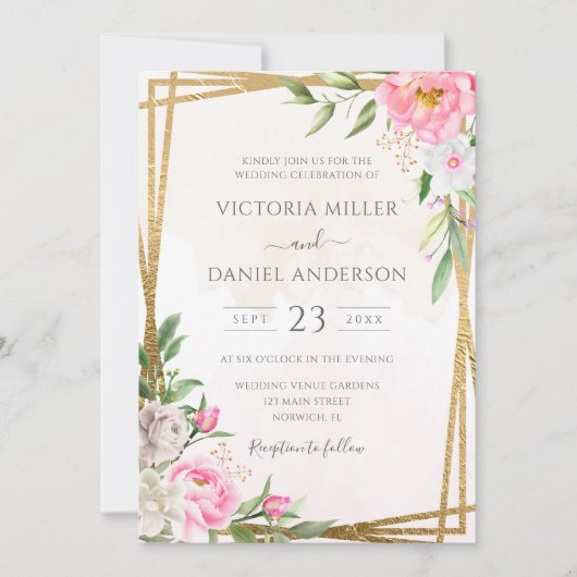 Roze Waterverf Floral Geometric Gold Wedding Kaart (Voorkant)