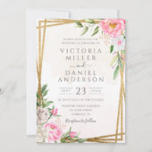 Roze Waterverf Floral Geometric Gold Wedding Kaart (Voorkant)