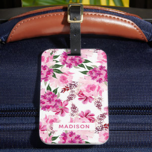 Roze Waterverf Floral, gepersonaliseerde naam meis Bagagelabel