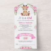 Roze Waterverf Floral Giraffe Baby shower All In One Uitnodiging (Binnen)