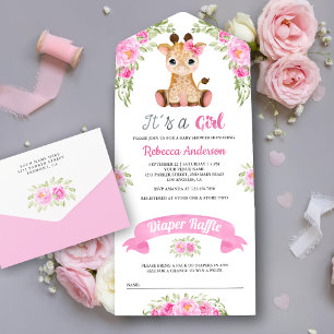 Roze Waterverf Floral Giraffe Baby shower All In One Uitnodiging