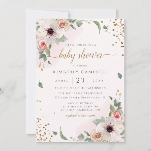 Roze Waterverf Floral Girl Baby shower Kaart (Voorkant)