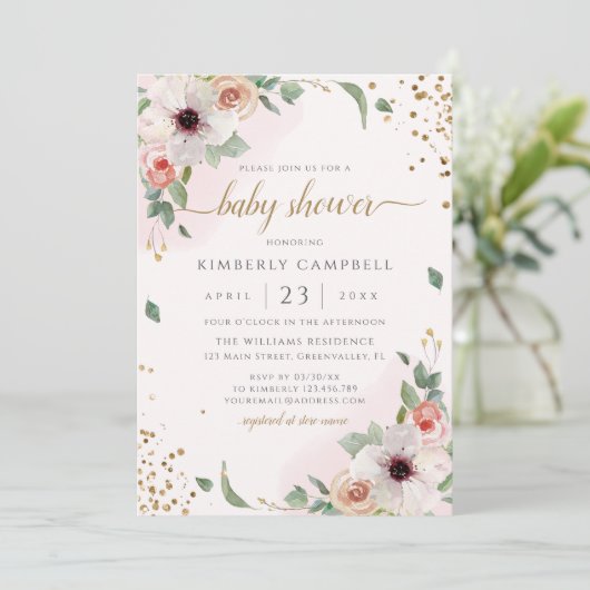 Roze Waterverf Floral Girl Baby shower Kaart (Staand voorkant)