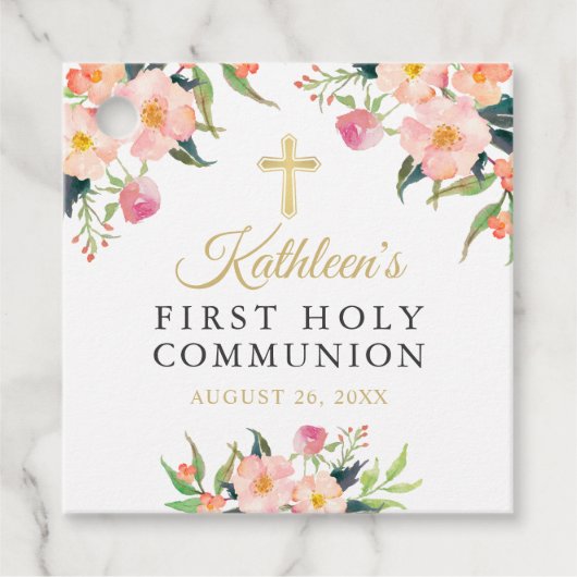 Roze Waterverf Floral Girl Eerste Heilige Communie Bedankjes Labels (Voorkant)