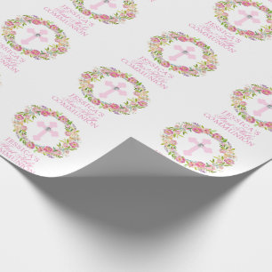 Roze Waterverf Floral Girl Eerste Heilige Communie Cadeaupapier