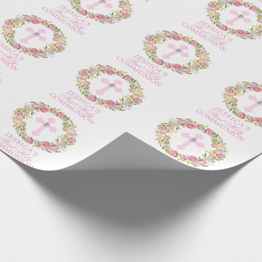 Roze Waterverf Floral Girl Eerste Heilige Communie Cadeaupapier (Hoek)