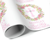 Roze Waterverf Floral Girl Eerste Heilige Communie Cadeaupapier (Rol Hoek)