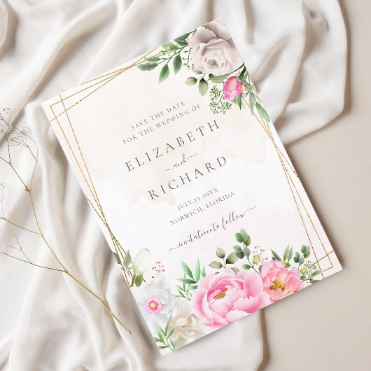 Roze Waterverf Floral Gold Geometric Wedding Save The Date