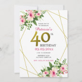Roze Waterverf Floral Gold Glitter 40e Verjaardag Kaart (Voorkant)