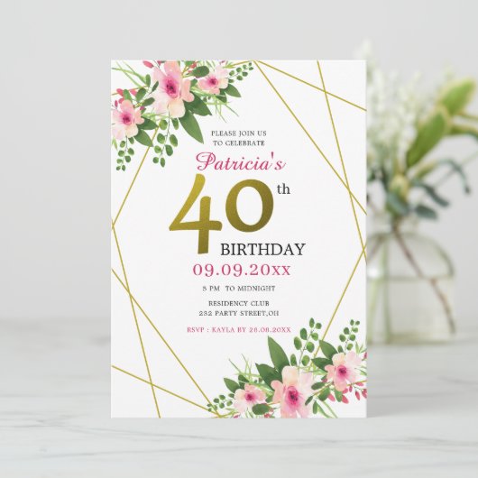 Roze Waterverf Floral Gold Glitter 40e Verjaardag Kaart (Staand voorkant)