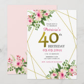 Roze Waterverf Floral Gold Glitter 40e Verjaardag Kaart (Voorkant / Achterkant)