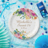 Roze Waterverf Floral Gold Glitter Sweet 16 Papieren Bordje (Feest)