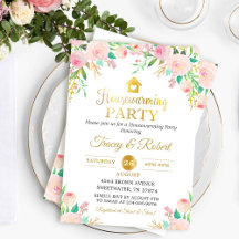 Roze Waterverf Floral Gold Housewarming Invite