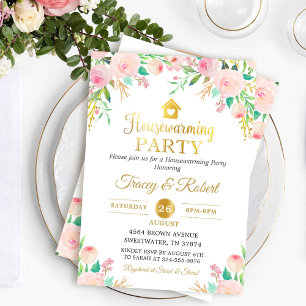 Roze Waterverf Floral Gold Housewarming Invite Kaart