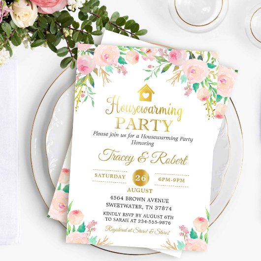 Roze Waterverf Floral Gold Housewarming Invite Kaart