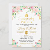 Roze Waterverf Floral Gold Housewarming Invite Kaart (Voorkant)