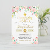 Roze Waterverf Floral Gold Housewarming Invite Kaart (Staand voorkant)