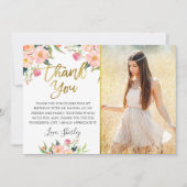 Roze Waterverf Floral Gold Script Birthday Foto Bedankkaart (Voorkant)
