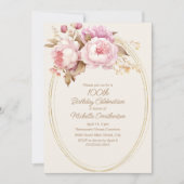 Roze Waterverf Floral Goud Lijst 100e Verjaardag Kaart (Voorkant)