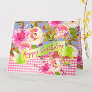 Roze Waterverf Floral Happy Birthday met Bericht Kaart