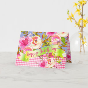 Roze Waterverf Floral Happy Birthday met Bericht Kaart