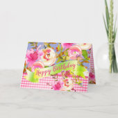 Roze Waterverf Floral Happy Birthday met Bericht Kaart (Voorkant)