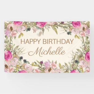 Roze Waterverf Floral Happy Birthday Spandoek