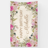 Roze Waterverf Floral Happy Birthday Spandoek (Verticaal)