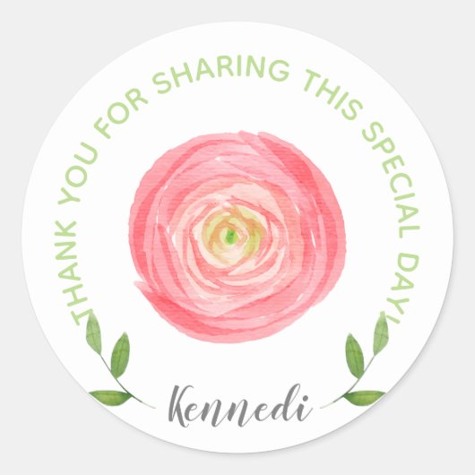 Roze Waterverf Floral Hartelijk dank Ronde Sticker (Voorkant)