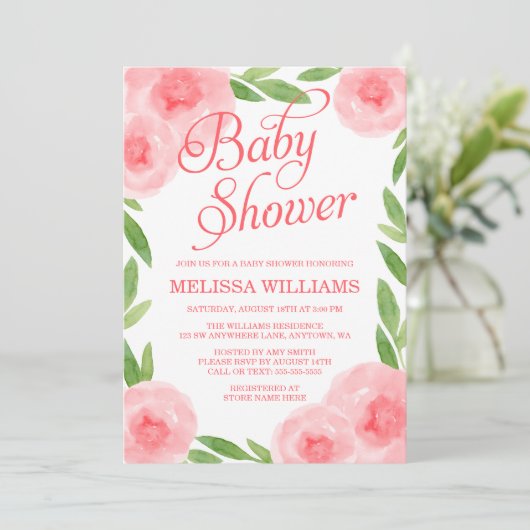 Roze Waterverf Floral Leaf Meisje Baby shower Kaart (Staand voorkant)