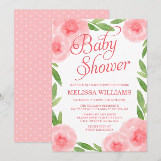 Roze Waterverf Floral Leaf Meisje Baby shower Kaart (Voorkant / Achterkant)