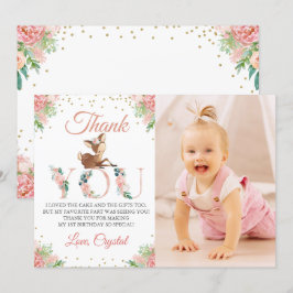 Roze Waterverf Floral Little Deer Birthday Foto Bedankkaart