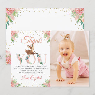 Roze Waterverf Floral Little Deer Birthday Foto Bedankkaart