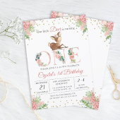 Roze Waterverf Floral Little Deer First Birthday Kaart