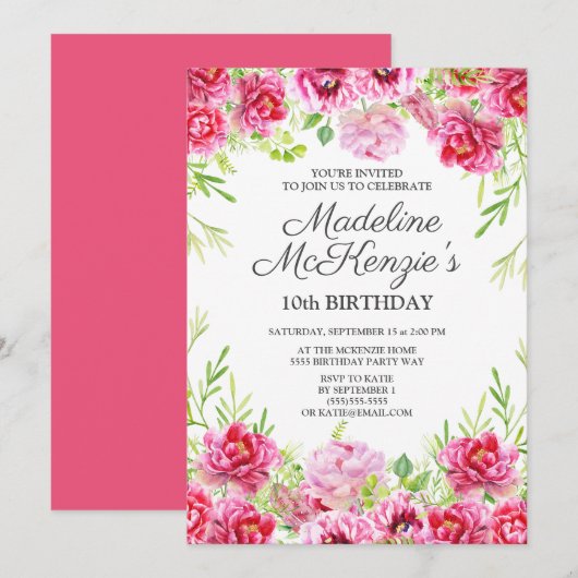 Roze Waterverf Floral Little Girl's tiende verjaar Kaart (Voorkant / Achterkant)