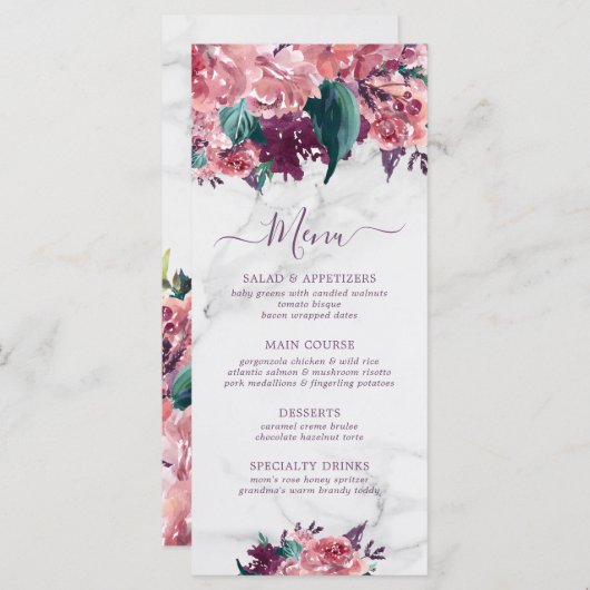 Roze Waterverf Floral Marble Moederdag Menu (Voorkant / Achterkant)