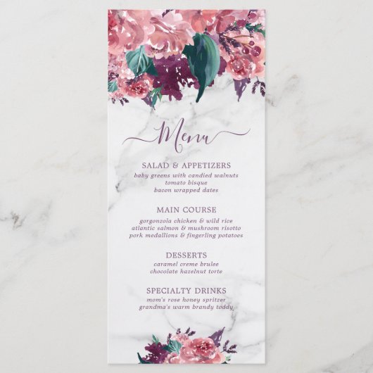 Roze Waterverf Floral Marble Moederdag Menu (Voorkant)