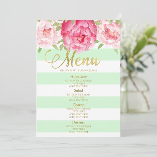 Roze Waterverf Floral Mint Strepen Bruiloft Menu (Staand voorkant)